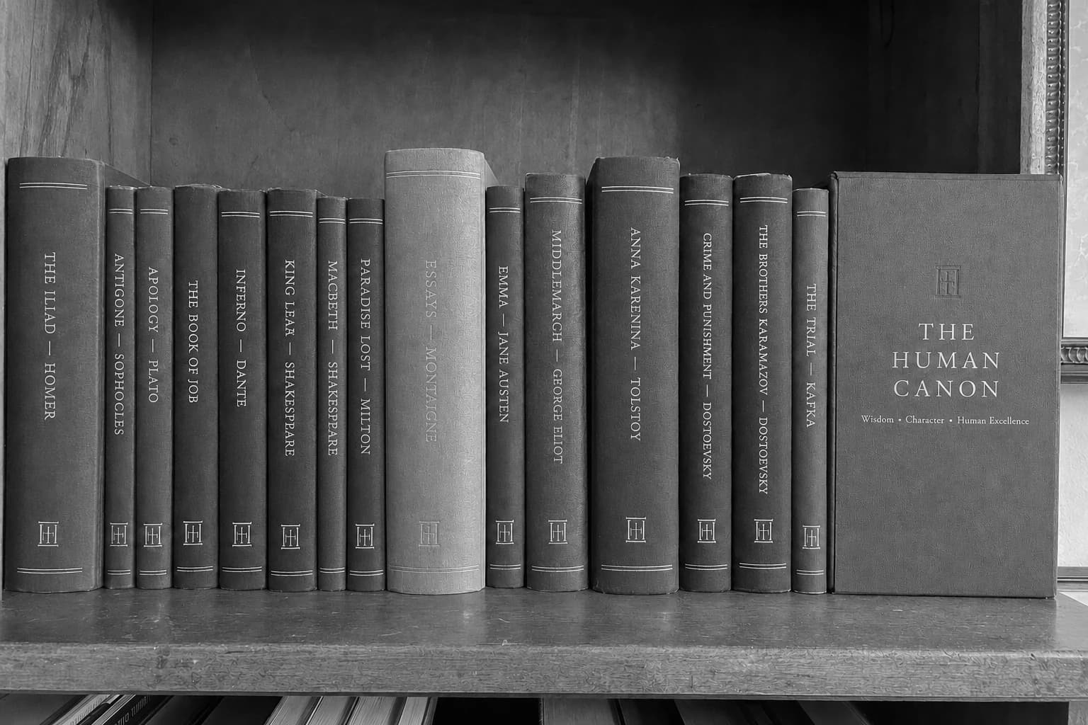 The Human Canon books arranged on a wooden shelf